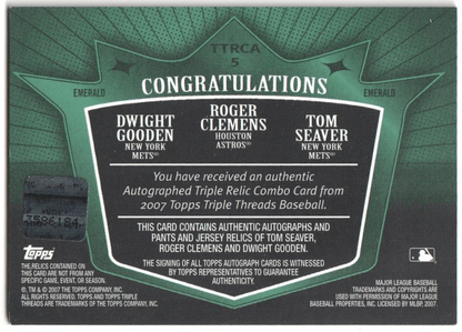 TOM SEAVER DWIGHT GOODEN ROGER CLEMENS 2007 Topps Triple Threads Autograph #/18 - Columbia Hobby - Sports Card Boxes - Toploaders - Card Savers
