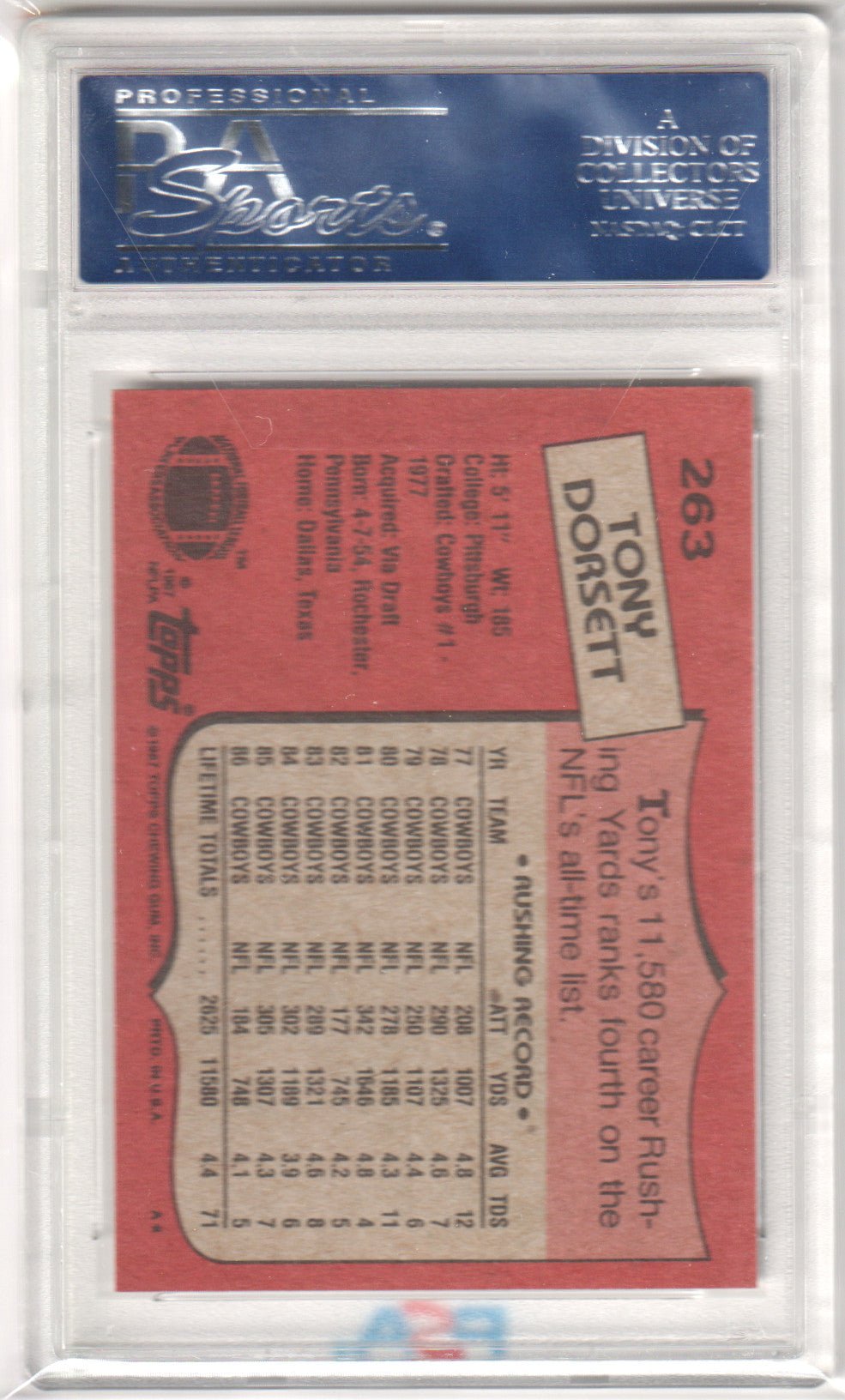 TONY DORSETT 1987 Topps 263 PSA 10 GEM MINT - COWBOYS - Columbia Hobby - Sports Card Boxes - Toploaders - Card Savers
