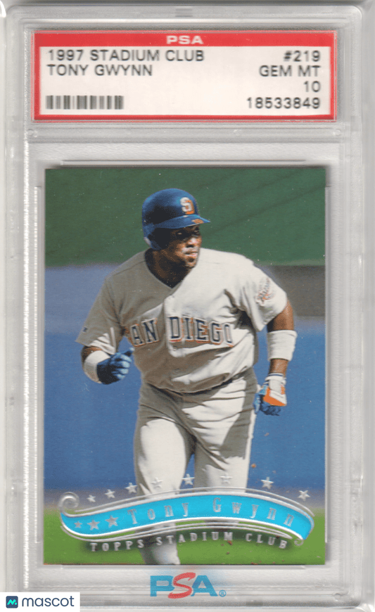 TONY GWINN 1997 Topps Stadium Club 219 PSA 10 GEM MINT - PADRES Pop 12 - Columbia Hobby - Sports Card Boxes - Toploaders - Card Savers