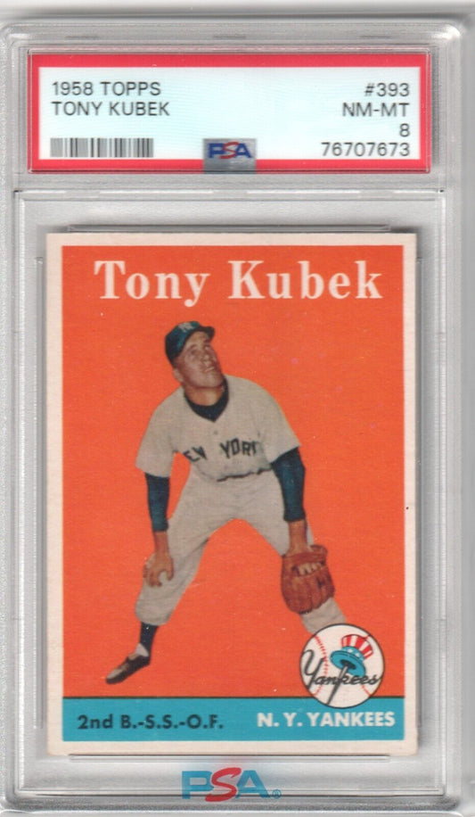 TONY KUBEK 1958 Topps #393 Graded PSA 8 NM - MT - YANKEES - Columbia Hobby - Sports Card Boxes - Toploaders - Card Savers