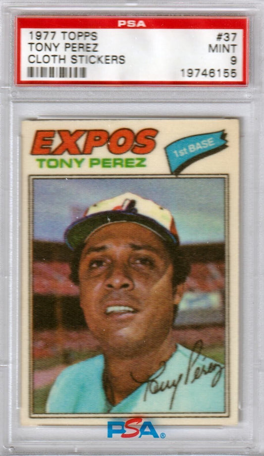 TONY PEREZ 1977 Topps Cloth Stickers #37 PSA 9 MINT - EXPOS - Columbia Hobby - Sports Card Boxes - Toploaders - Card Savers