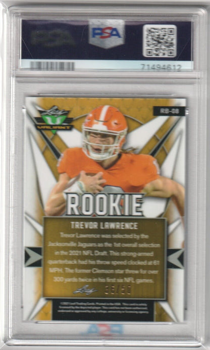 TREVOR LAWRENCE 2021 Leaf Valiant RC Rookoie Purple #/50 - PSA 10 GEM MINT - Columbia Hobby - Sports Card Boxes - Toploaders - Card Savers