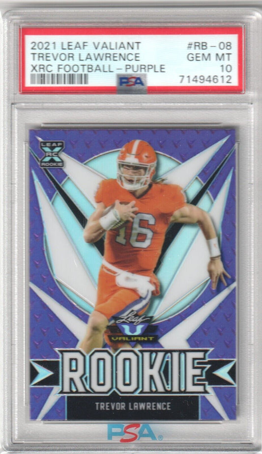 TREVOR LAWRENCE 2021 Leaf Valiant RC Rookoie Purple #/50 - PSA 10 GEM MINT - Columbia Hobby - Sports Card Boxes - Toploaders - Card Savers