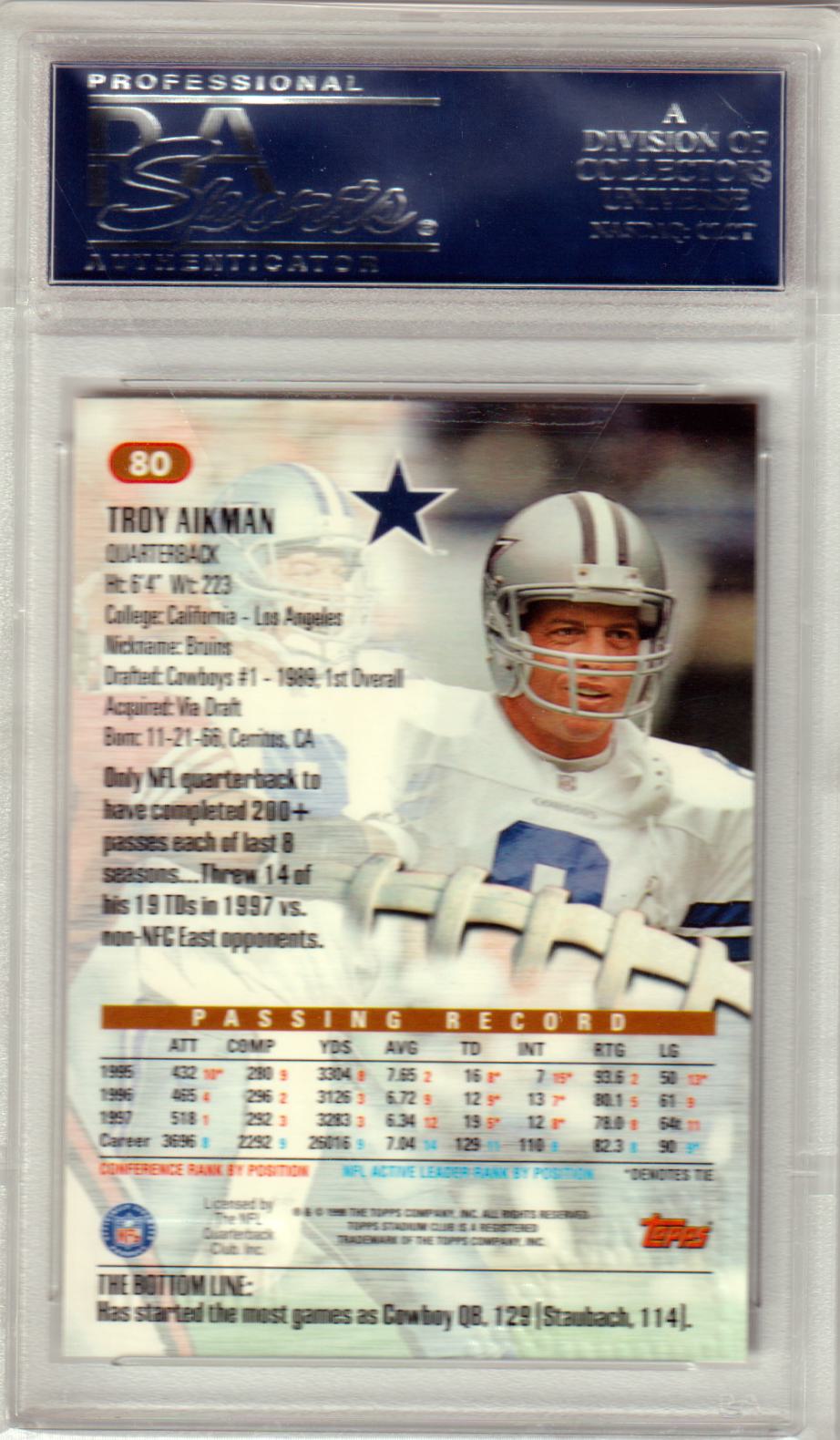 TROY AIKMAN 1998 Topps Stadium Club #80 PSA 10 GEM MINT - COWBOYS - Columbia Hobby - Sports Card Boxes - Toploaders - Card Savers