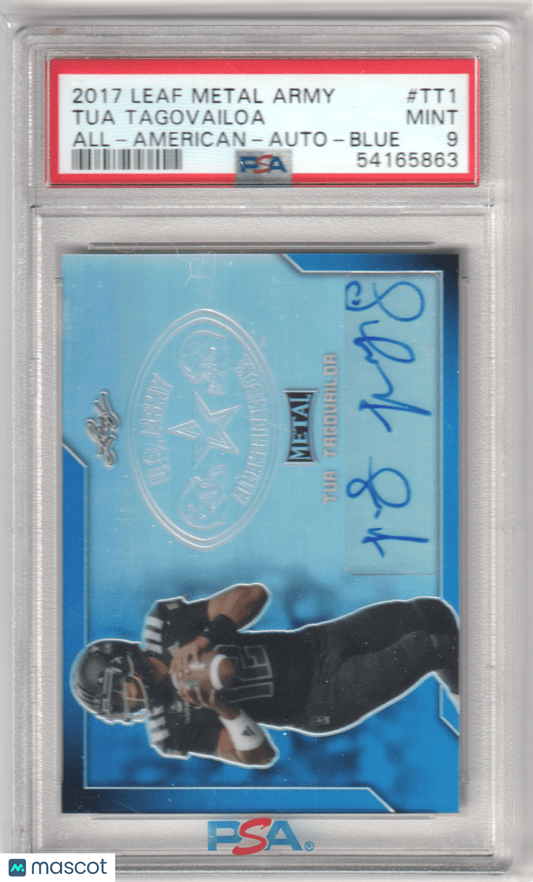 TUA TAGOVAILOA 2017 Leaf Metal Army All - American Autograph RC Blue Rookie PSA 9 - Columbia Hobby - Sports Card Boxes - Toploaders - Card Savers