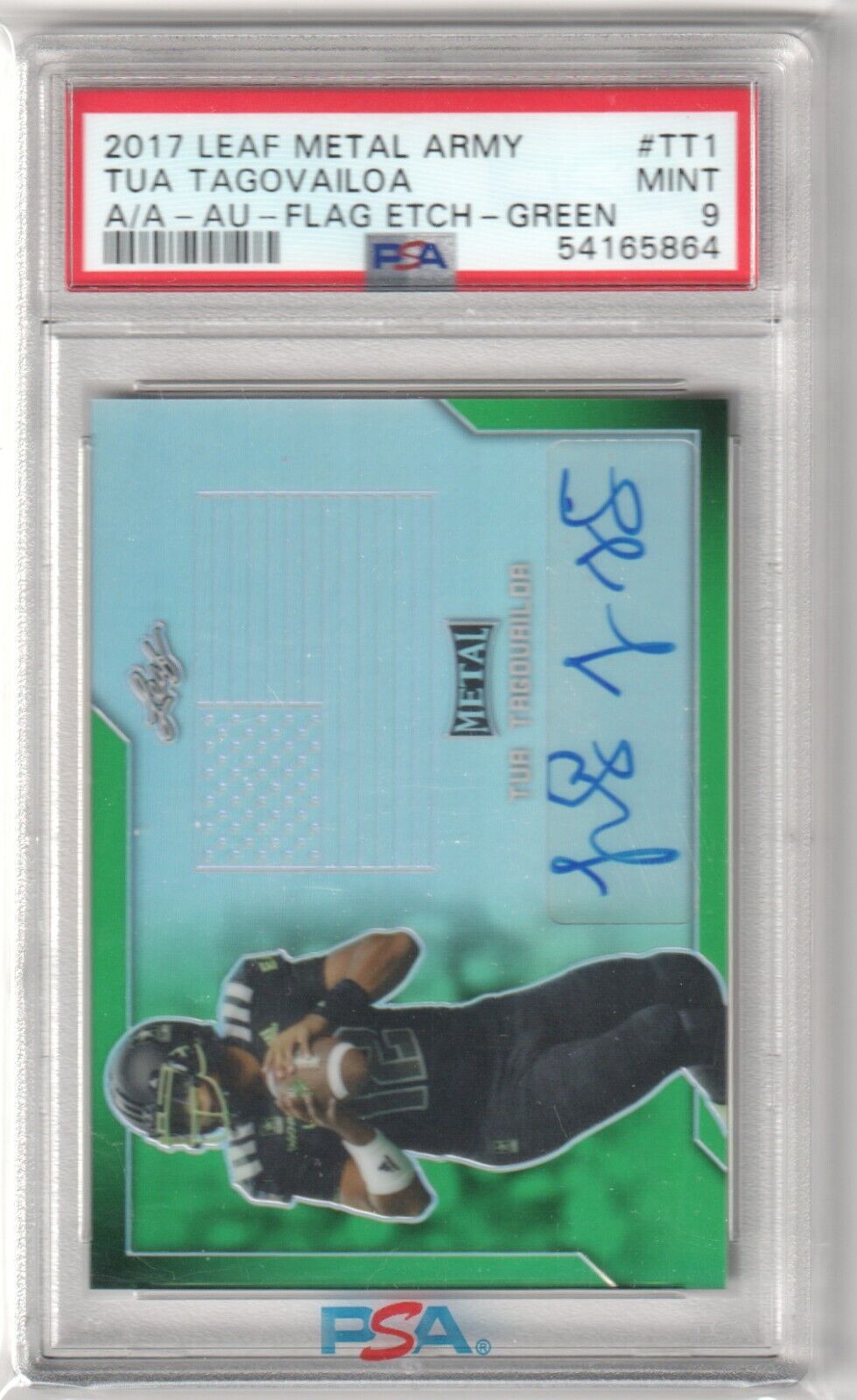 TUA TAGOVAILOA 2017 Leaf Metal Army Autograph Auto Green RC #/4 PSA 9 MINT - Columbia Hobby - Sports Card Boxes - Toploaders - Card Savers