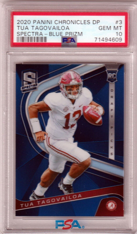 TUA TAGOVAILOA 2020 Chronicles Spectra Blue Prizm RC Rookie #3 PSA 10 GEM MINT - Columbia Hobby - Sports Card Boxes - Toploaders - Card Savers