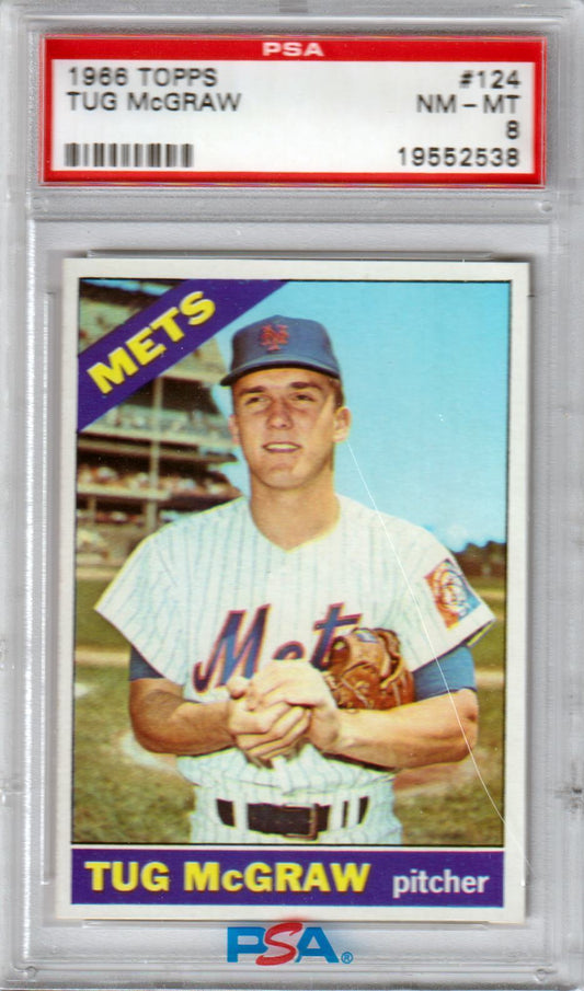 TUG McGRAW 1966 Topps #124 PSA 8 NM - MT - METS - Columbia Hobby - Sports Card Boxes - Toploaders - Card Savers