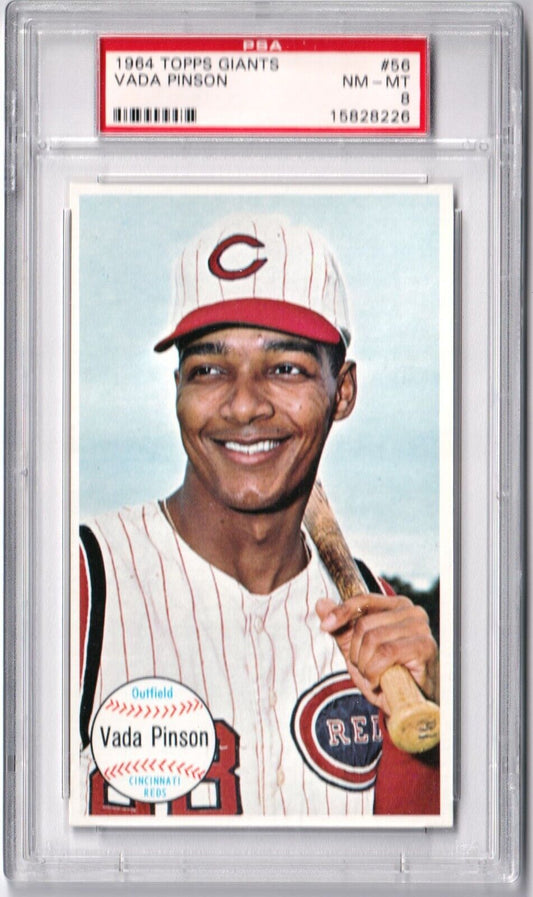 VADA PINSON 1964 Topps Giants #56 Graded PSA 8 - REDS - Columbia Hobby - Sports Card Boxes - Toploaders - Card Savers