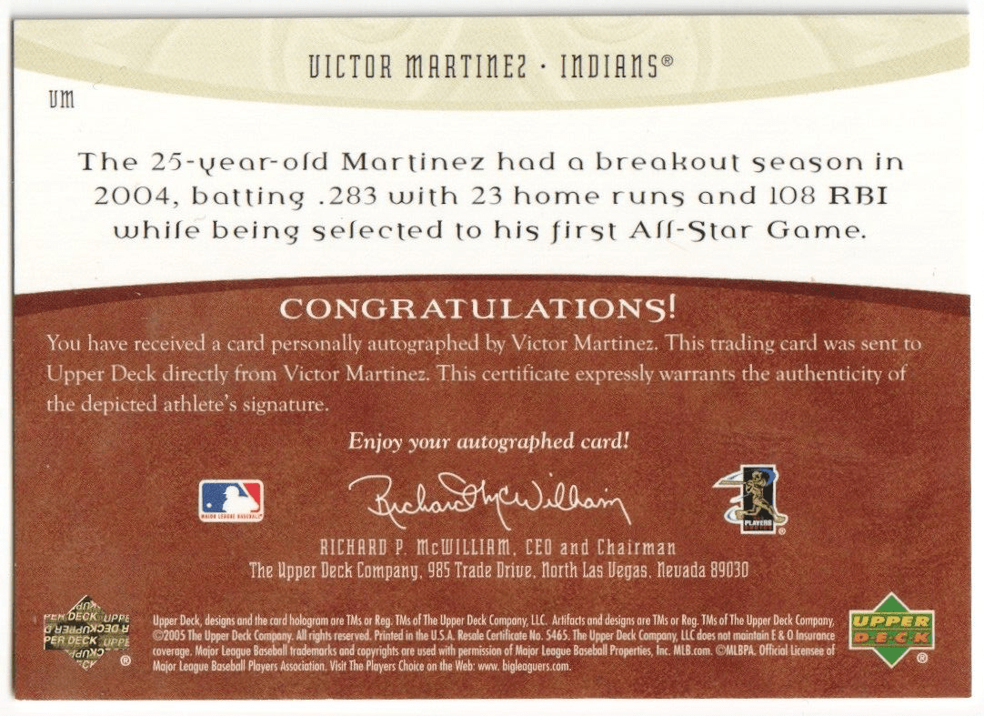 VICTOR MARTINEZ 2005 Upper Deck Artifacts Autograph Auto #/599 - INDIANS - Columbia Hobby - Sports Card Boxes - Toploaders - Card Savers