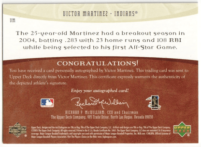 VICTOR MARTINEZ 2005 Upper Deck Artifacts Autograph Auto #/599 - INDIANS - Columbia Hobby - Sports Card Boxes - Toploaders - Card Savers