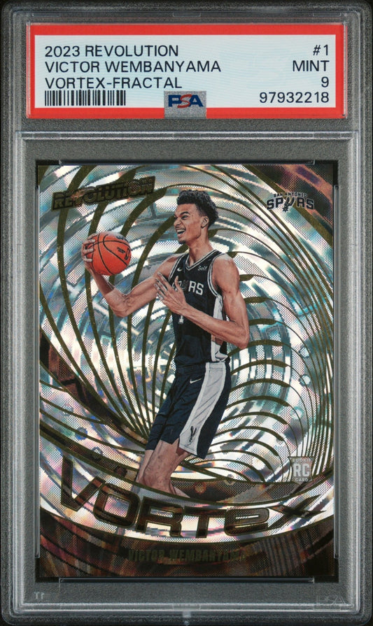 VICTOR WEMBANYAMA 2023 Panini Revolution Vortex - Fractal Rookie RC #1 PSA 9 MINT - Columbia Hobby - Sports Card Boxes - Toploaders - Card Savers