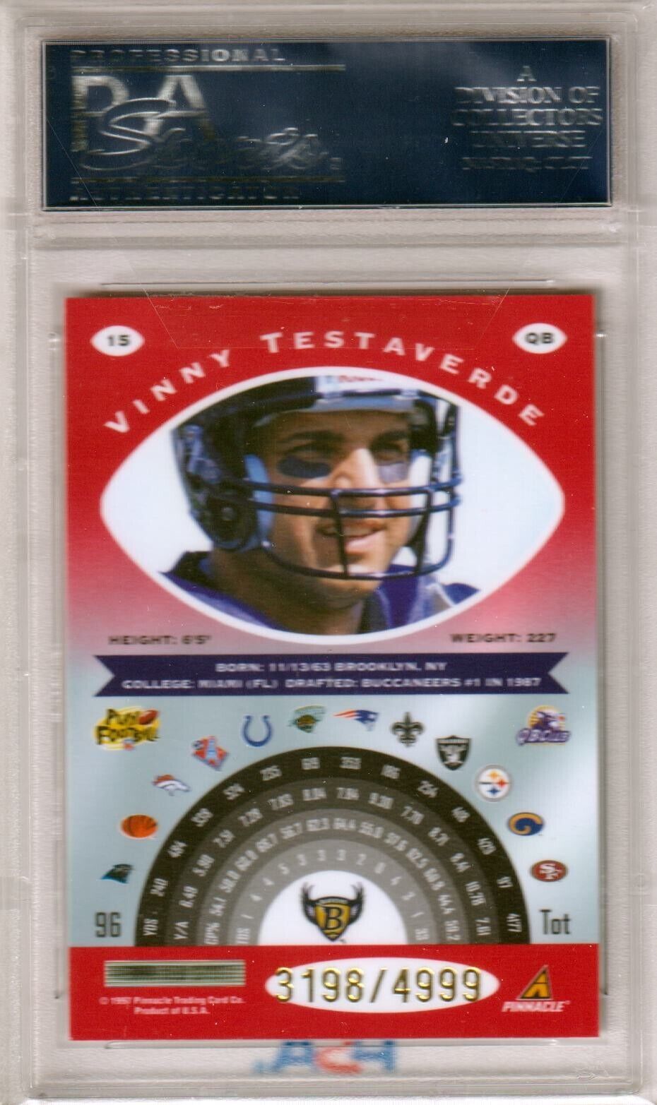 VINNY TESTAVERDE 1997 Pinnacle Totally Certified Platinum Red PSA 10 GEM #/4999 - Columbia Hobby - Sports Card Boxes - Toploaders - Card Savers