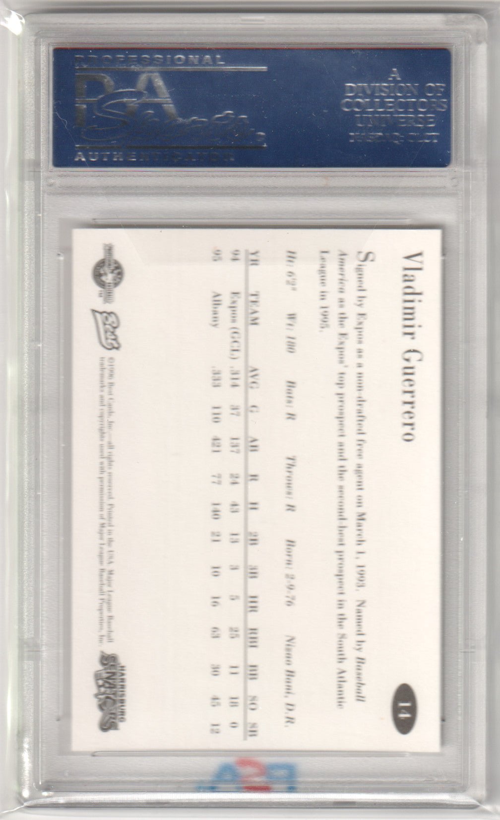 VLADIMIR GUERRERO 1996 Best Harrisburg Senators RC Rookie #14 PSA 10 GEM MINT - Columbia Hobby - Sports Card Boxes - Toploaders - Card Savers