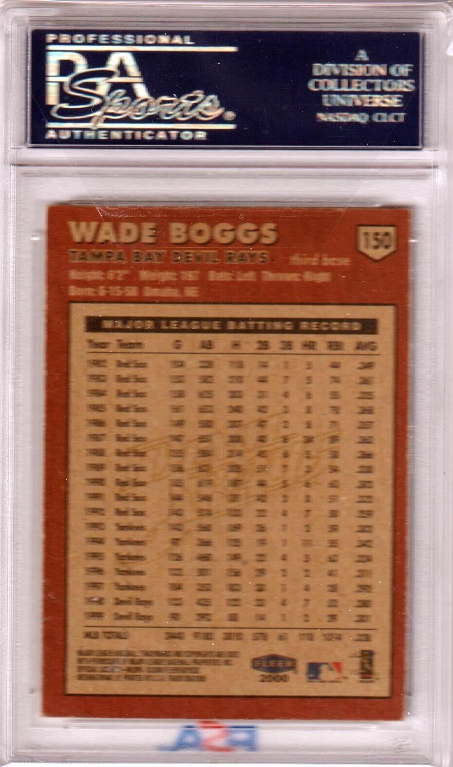 WADE BOGGS 2000 Fleer Autograph Auto #150 PSA Authentic - RED SOX RAYS - Columbia Hobby - Sports Card Boxes - Toploaders - Card Savers