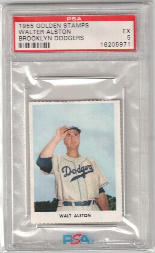 WALTER ALSTON 1955 Golden Stamps PSA 5 EX - BROOKLYN DODGERS - Columbia Hobby - Sports Card Boxes - Toploaders - Card Savers