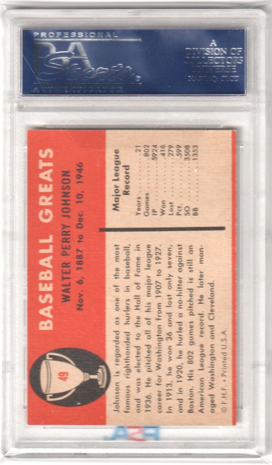 WALTER JOHNSON 1961 Fleer Baseball Greats #49 Graded PSA 7 NM - Columbia Hobby - Sports Card Boxes - Toploaders - Card Savers