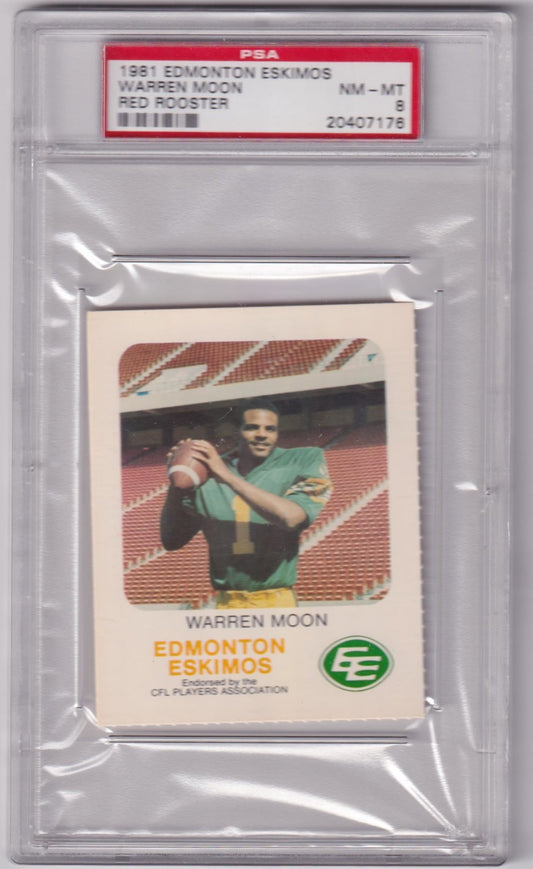 WARREN MOON 1981 Red Rooster Edmonton Eskimos RC Rookie PSA 8 NM - MT HOF - Columbia Hobby - Sports Card Boxes - Toploaders - Card Savers