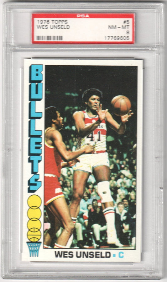 WES UNSELD 1976 - 77 Topps #5 PSA 8 NM - MT - BULLETS - Columbia Hobby - Sports Card Boxes - Toploaders - Card Savers