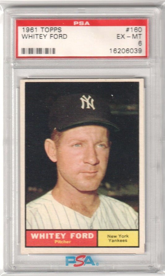 WHITEY FORD 1961 Topps #160 PSA 6 EX - MT - YANKEES - Columbia Hobby - Sports Card Boxes - Toploaders - Card Savers