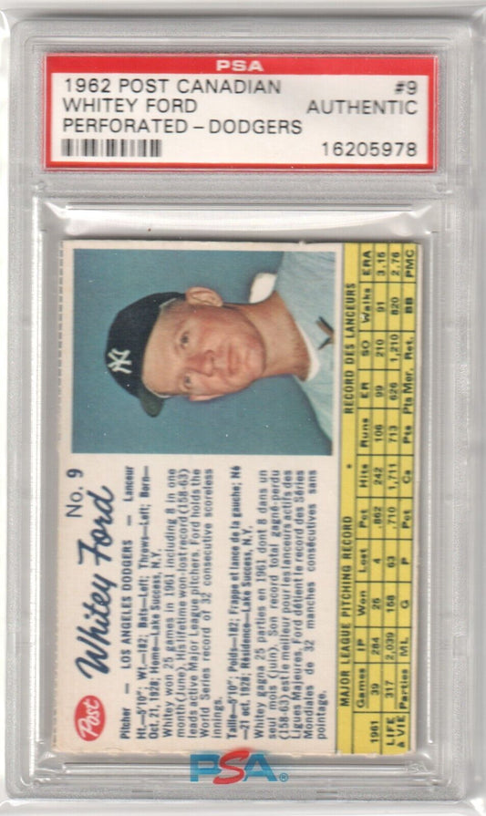 WHITEY FORD 1962 Post Canadian #9 PSA Authentic - YANKEES DODGERS - Columbia Hobby - Sports Card Boxes - Toploaders - Card Savers