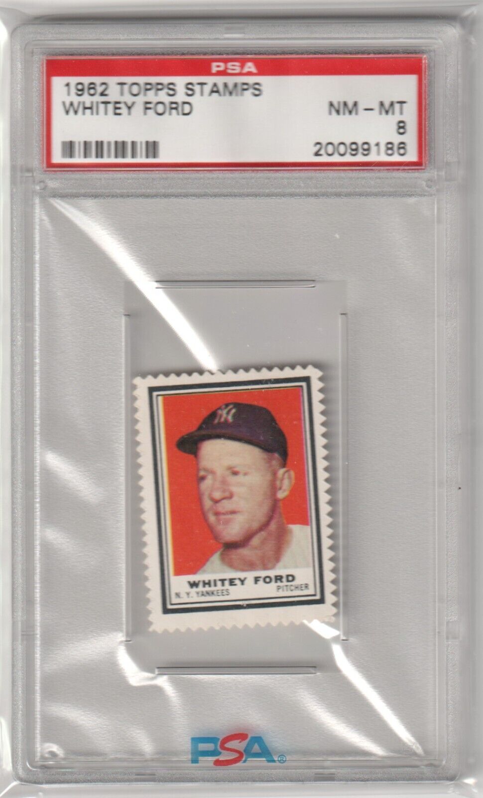 WHITEY FORD 1962 Topps Stamps PSA 8 NM - MT - YANKEES - Columbia Hobby - Sports Card Boxes - Toploaders - Card Savers