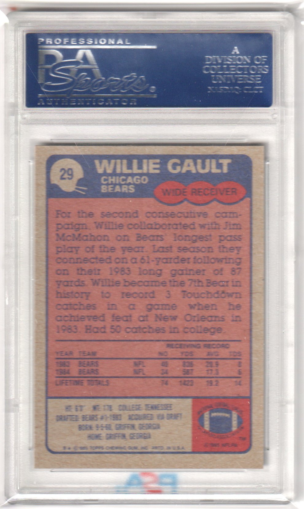 WILLIE GAULT 1985 Topps RC Rookie 29 PSA 9 MINT - BEARS - Columbia Hobby - Sports Card Boxes - Toploaders - Card Savers