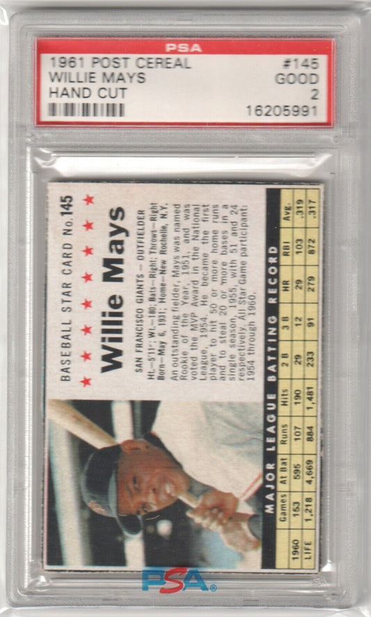 WILLIE MAYS 1961 Post Cereal #145 Graded PSA 2 Good - GIANTS - Columbia Hobby - Sports Card Boxes - Toploaders - Card Savers