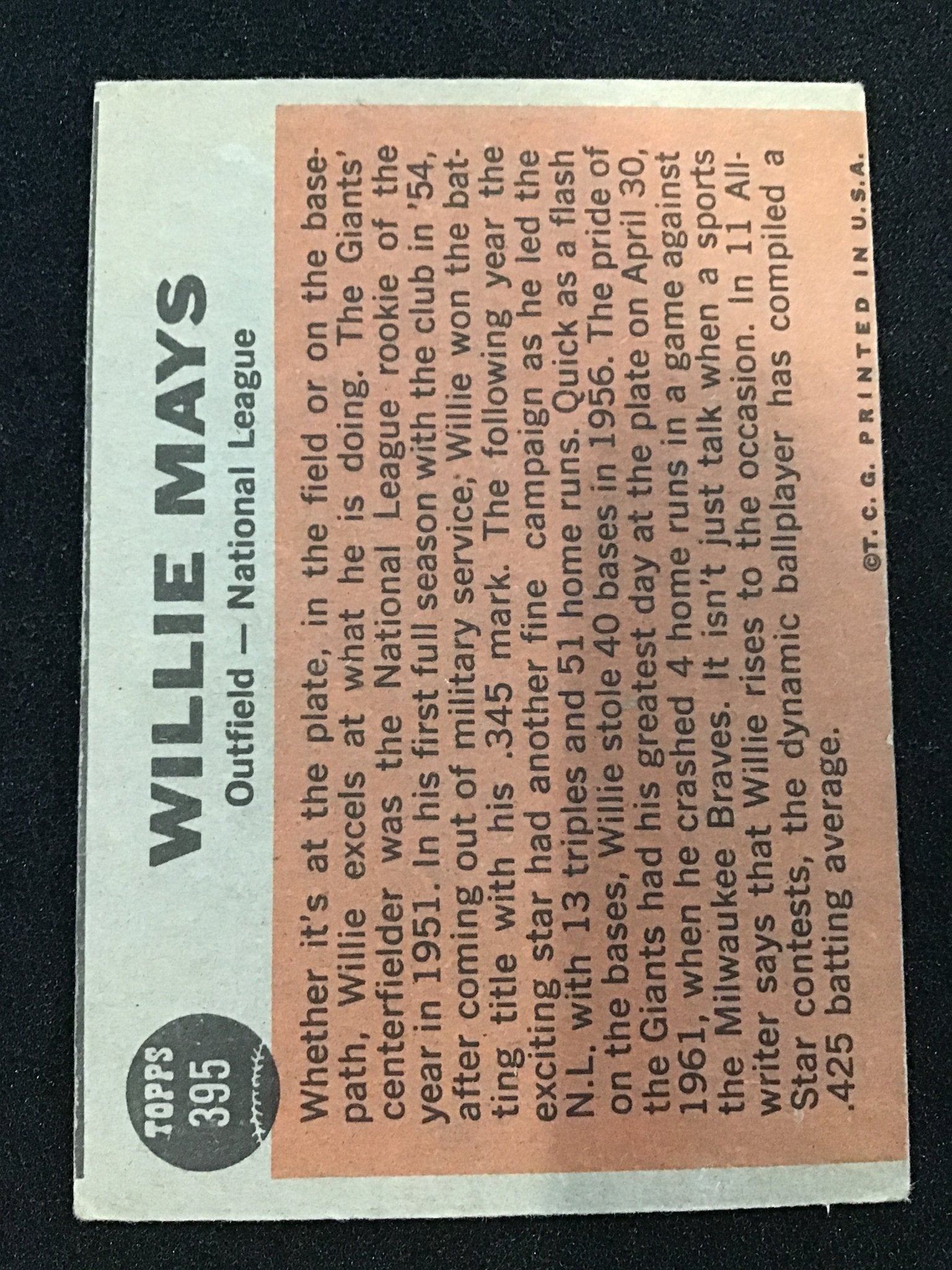 Willie Mays 1962 Topps The Sporting News NL All - Star 395 - San Francisco Giants - Columbia Hobby - Sports Card Boxes - Toploaders - Card Savers