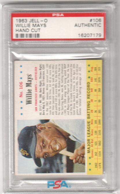 WILLIE MAYS 1963 Jell - o #106 Graded PSA Authentic - GIANTS - Columbia Hobby - Sports Card Boxes - Toploaders - Card Savers