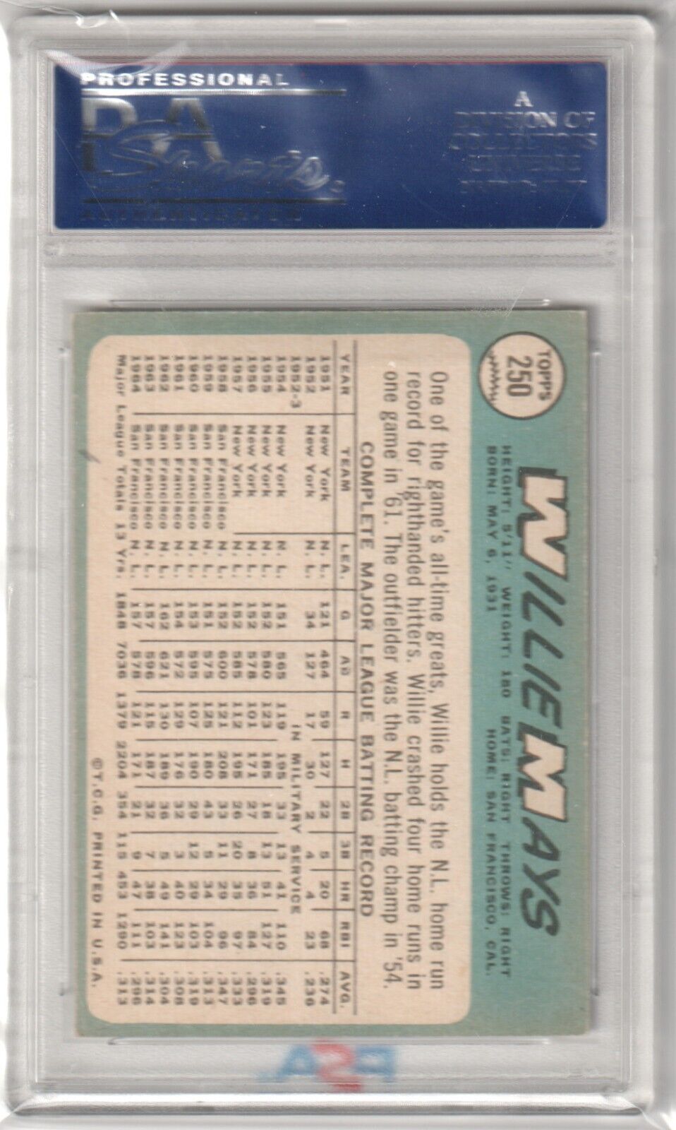 WILLIE MAYS 1965 Topps #250 Graded PSA 6 EX - MT - GIANTS - Columbia Hobby - Sports Card Boxes - Toploaders - Card Savers