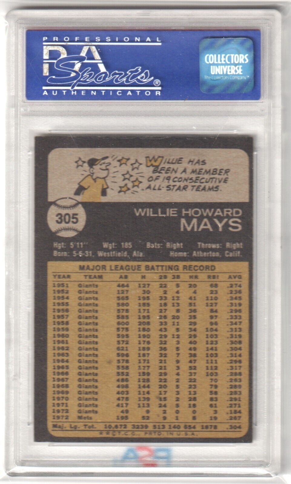 WILLIE MAYS 1973 Topps #305 Graded PSA 8 NM - MT - METS - Columbia Hobby - Sports Card Boxes - Toploaders - Card Savers
