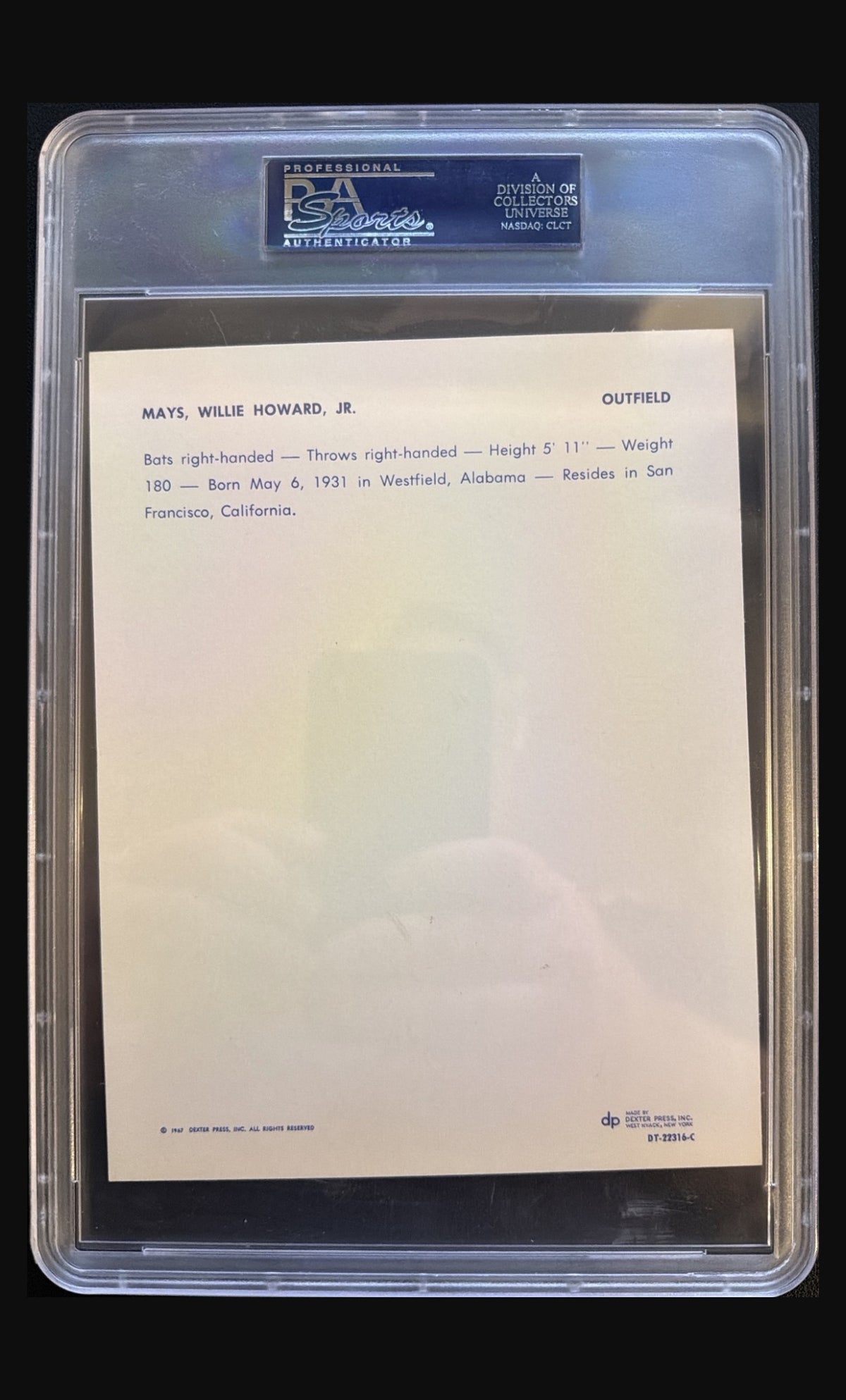 1967 Dexter Press Premiums Willie Mays graded PSA 8 trading card - back