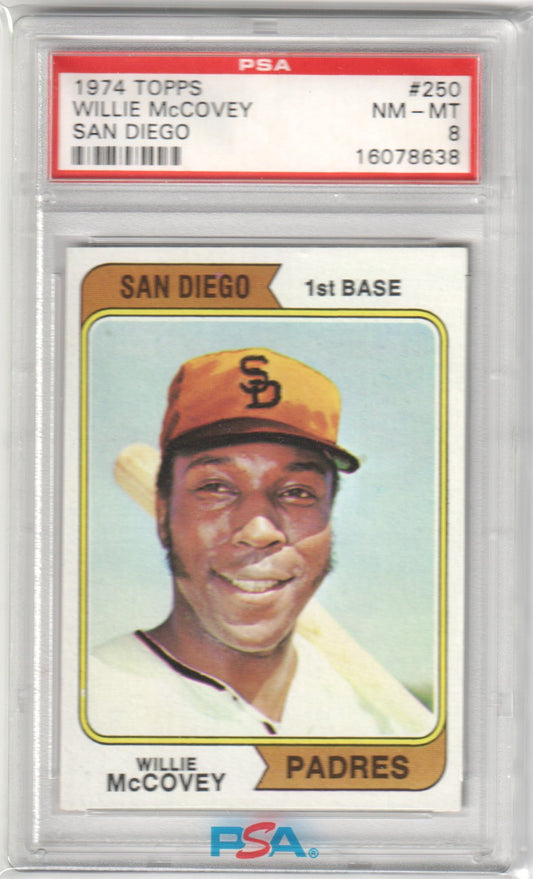 WILLIE McCOVEY 1974 Topps #250 San Diego PSA 8 NM - MT - PADRES - Columbia Hobby - Sports Card Boxes - Toploaders - Card Savers