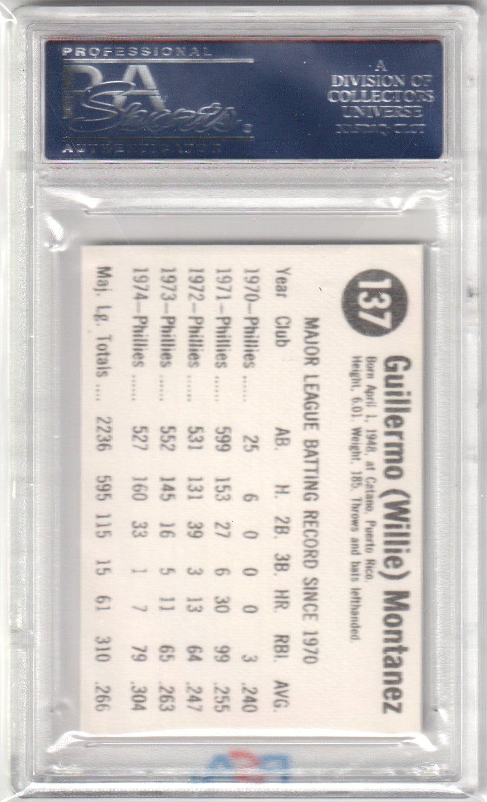 WILLIE MONTANEZ 1975 Hostess #137 Hand Cut PSA 10 GEM MINT - PHILLIES Pop 8 - Columbia Hobby - Sports Card Boxes - Toploaders - Card Savers