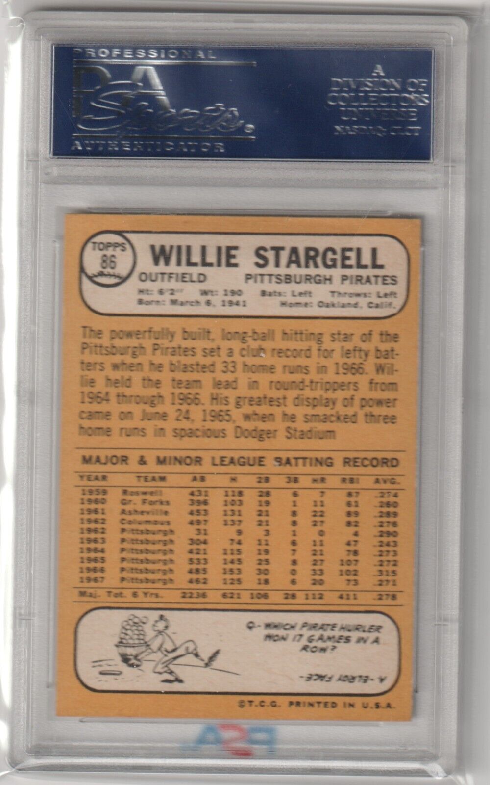 WILLIE STARGELL 1968 Topps #86 PSA 7 NM - PIRATES - Columbia Hobby - Sports Card Boxes - Toploaders - Card Savers