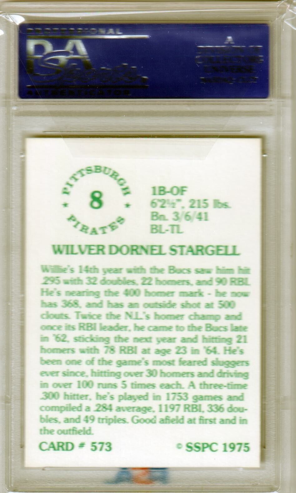 WILLIE STARGELL 1975 SSPC #573 PSA 9 MINT - PIRATES - Columbia Hobby - Sports Card Boxes - Toploaders - Card Savers