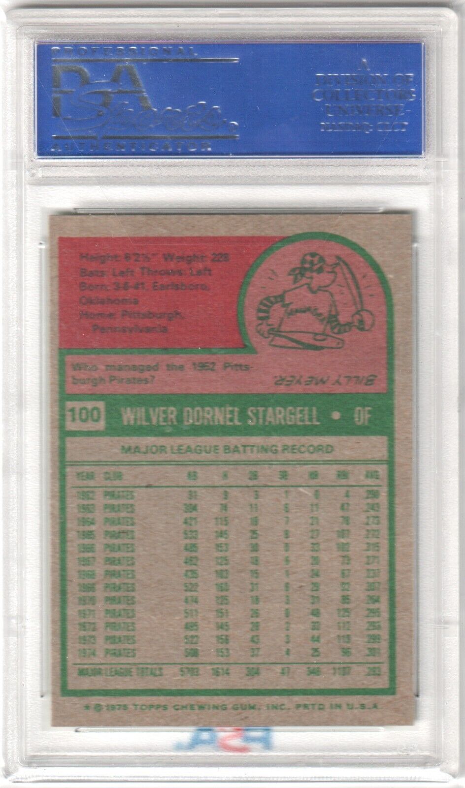 WILLIE STARGELL 1975 Topps #100 PSA 8 NM - MT - PIRATES - Columbia Hobby - Sports Card Boxes - Toploaders - Card Savers