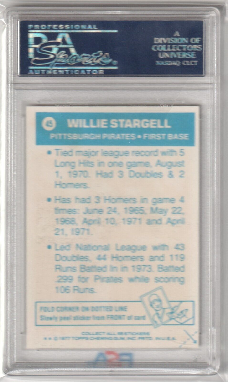 WILLIE STARGELL 1977 Topps #45 PSA 6 EX - MT - PIRATES - Columbia Hobby - Sports Card Boxes - Toploaders - Card Savers
