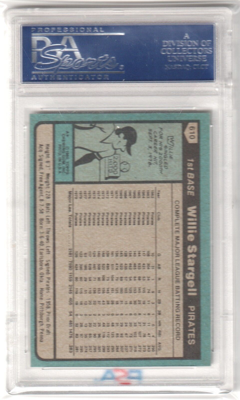 WILLIE STARGELL 1980 Topps #610 PSA 9 MINT - PIRATES - Columbia Hobby - Sports Card Boxes - Toploaders - Card Savers