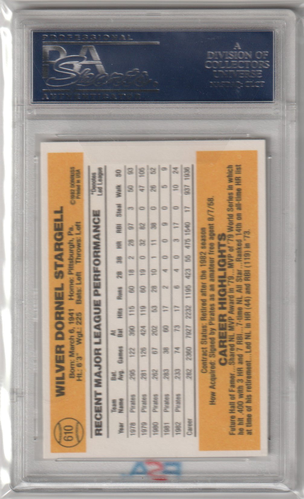 WILLIE STARGELL 1983 Donruss #610 PSA 9 MINT - PIRATES - Columbia Hobby - Sports Card Boxes - Toploaders - Card Savers
