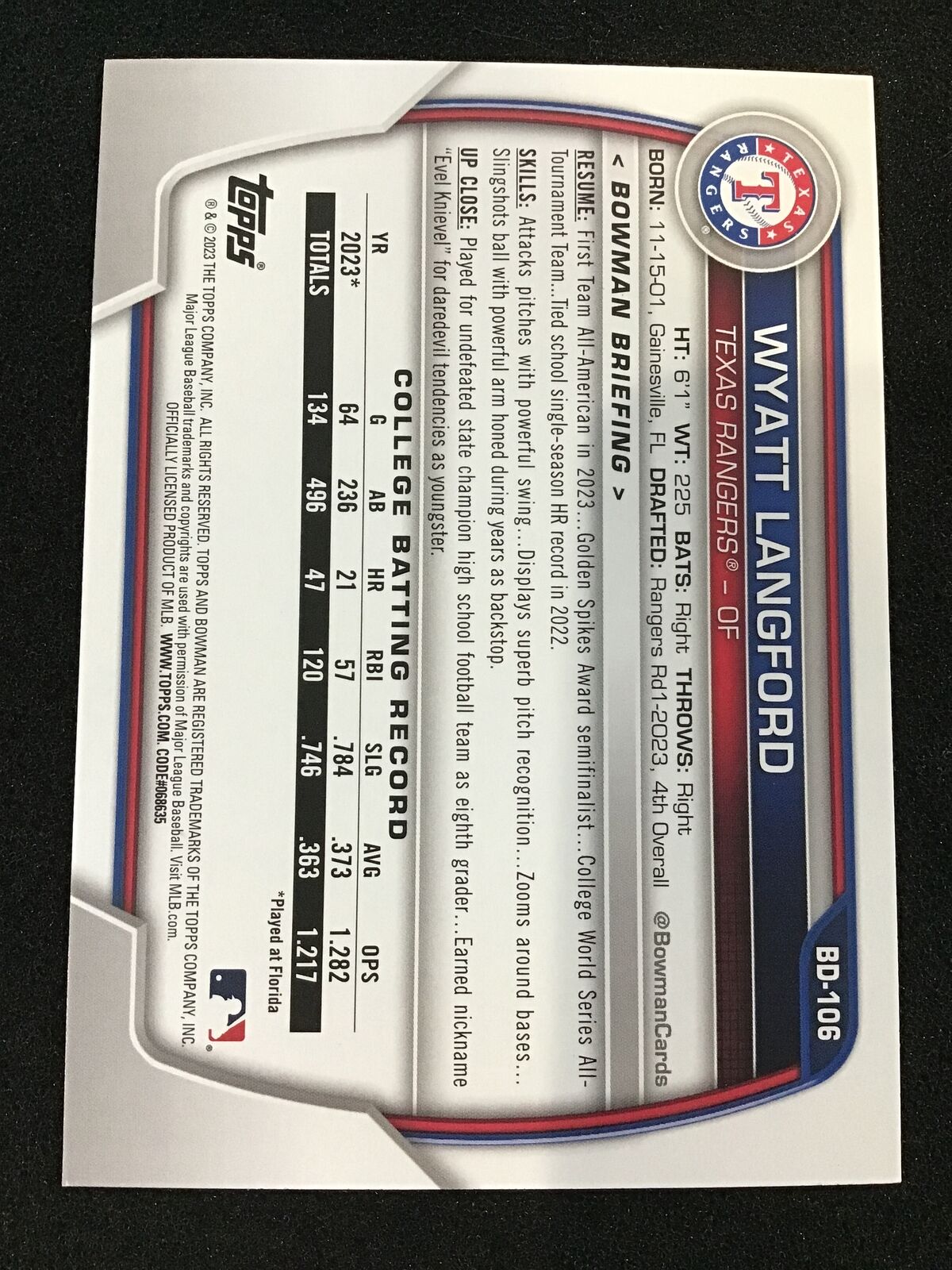 Wyatt Langford 2023 Bowman Draft 1st BD - 106 - Texas Rangers - Columbia Hobby - Sports Card Boxes - Toploaders - Card Savers