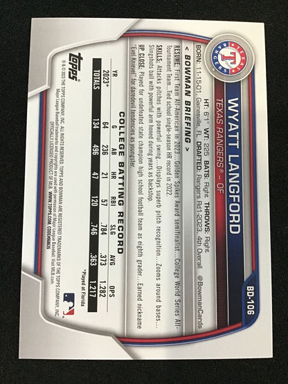 Wyatt Langford 2023 Bowman Draft 1st BD - 106 - Texas Rangers - Columbia Hobby - Sports Card Boxes - Toploaders - Card Savers