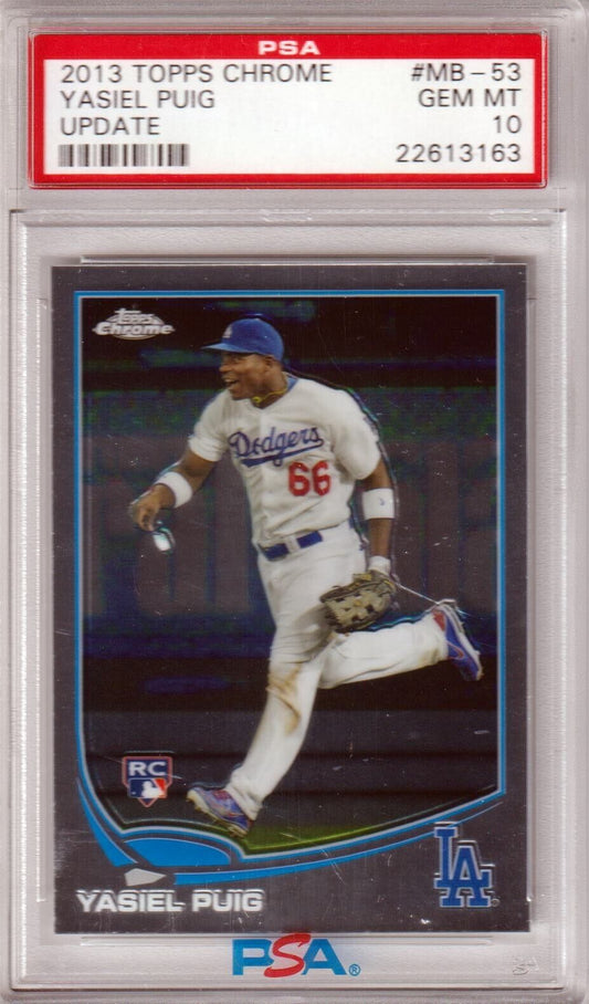 YASIEL PUIG 2013 Topps Chrome Update RC Rookie #MN - 53 PSA 10 GEM MINT - DODGERS - Columbia Hobby - Sports Card Boxes - Toploaders - Card Savers