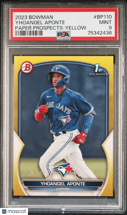 Yhoangel Aponte 2023 Bowman Paper Prospects #BP110 Yellow PSA 9 MINT - Columbia Hobby - Sports Card Boxes - Toploaders - Card Savers