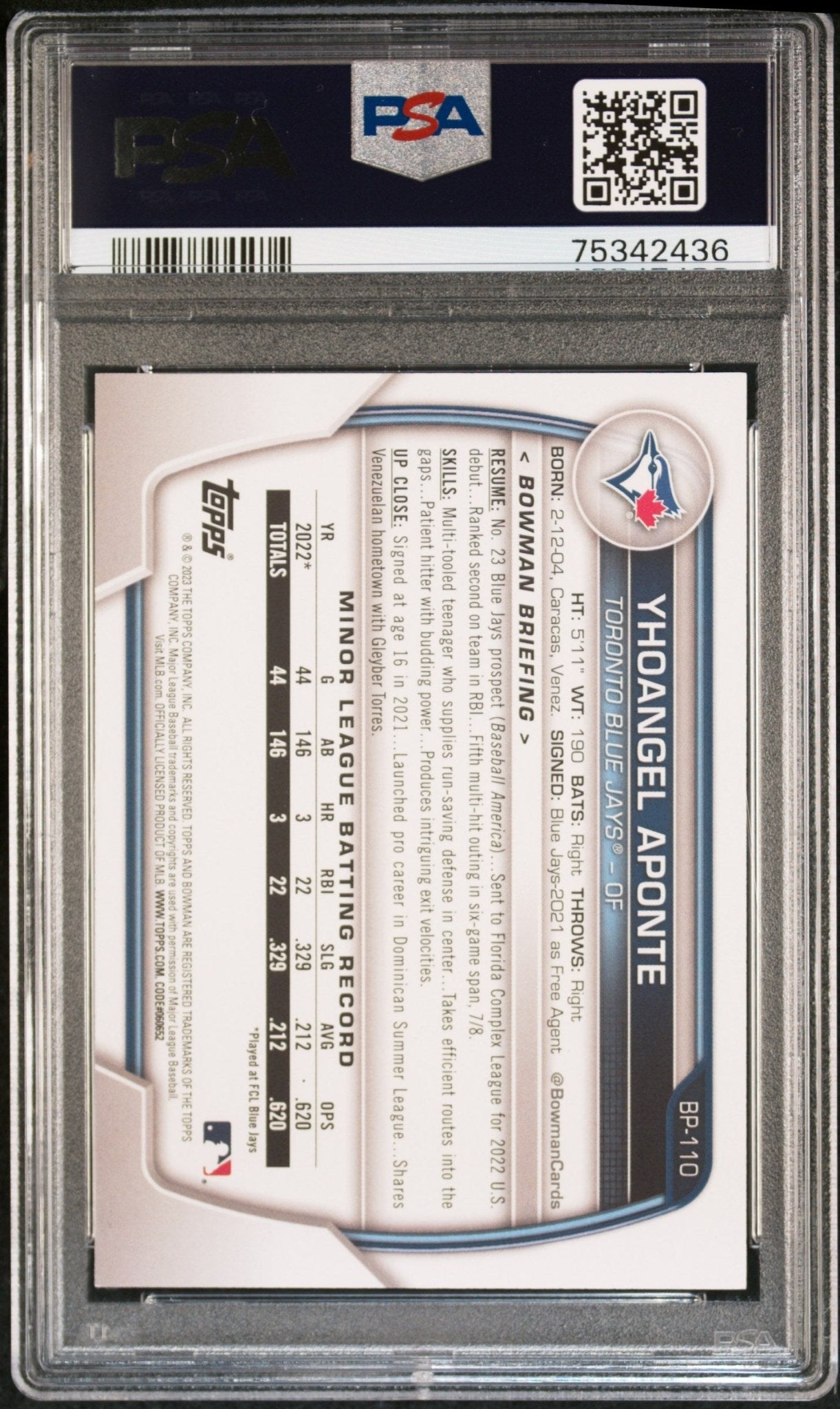 Yhoangel Aponte 2023 Bowman Paper Prospects #BP110 Yellow PSA 9 MINT - Columbia Hobby - Sports Card Boxes - Toploaders - Card Savers