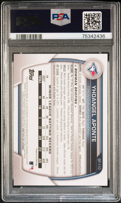 Yhoangel Aponte 2023 Bowman Paper Prospects #BP110 Yellow PSA 9 MINT - Columbia Hobby - Sports Card Boxes - Toploaders - Card Savers