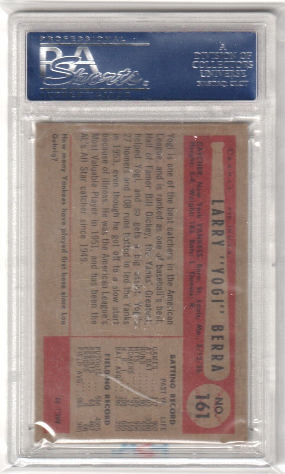 YOGI BERRA 1954 Bowman #161 PSA 4 VG - EX - YANKEES - Columbia Hobby - Sports Card Boxes - Toploaders - Card Savers
