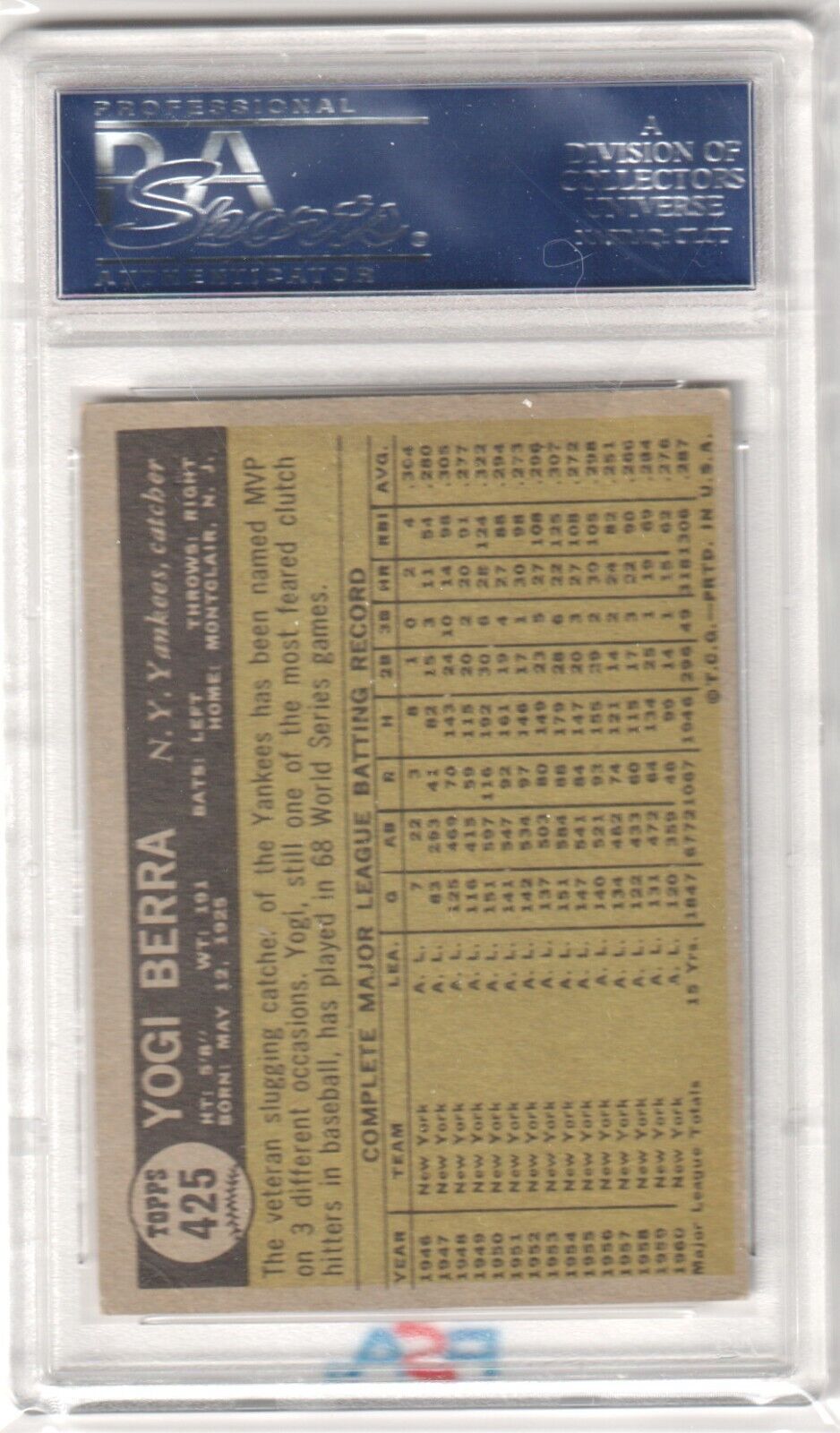 YOGI BERRA 1961 Topps #425 PSA 5 EX - YANKEES - Columbia Hobby - Sports Card Boxes - Toploaders - Card Savers