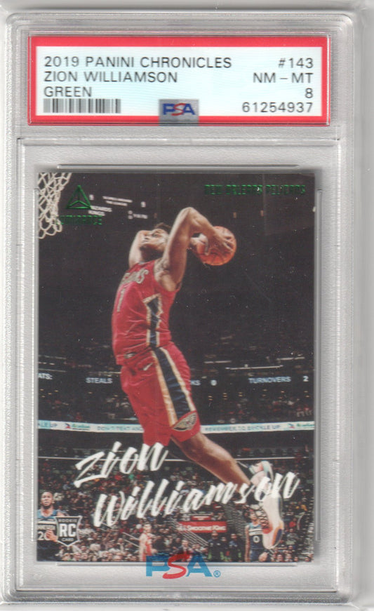 ZION WILLIAMSON 2019 - 20 Panini Chronicles RC Rookie #143 Green PSA 8 NM - MT - Columbia Hobby - Sports Card Boxes - Toploaders - Card Savers